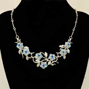 1950’s Coro Necklace Silvertone with Brilliant Blue Rhinestone Flowers